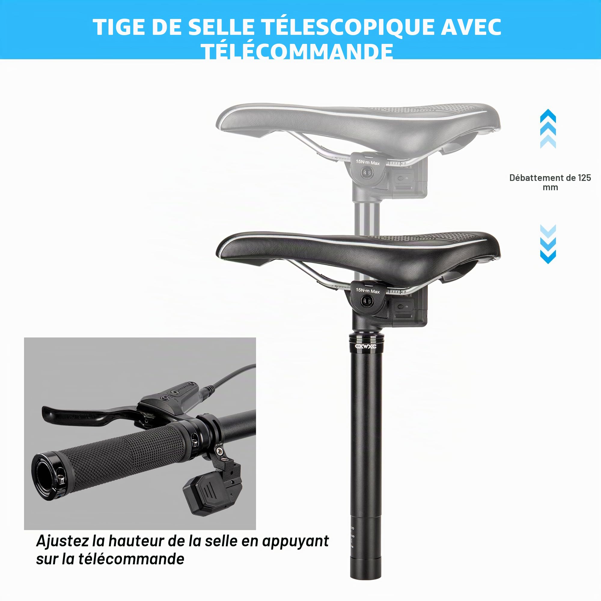 CXWXC Tige de selle abaissable sans fil 27,2 / 30,9 / 31,6 mm - 125 mm - Tige de selle avec télécommande pour VTT, gravel et vélos électriques