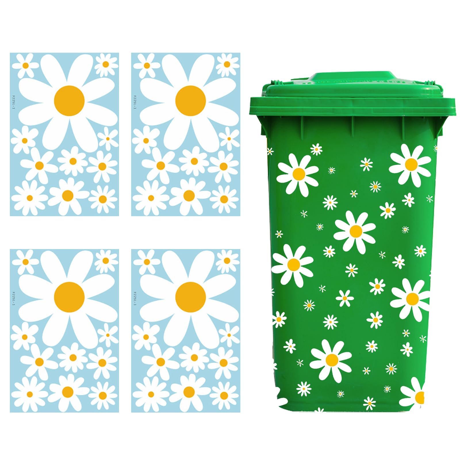 Wheelie Bin Stickers Daisy Stickers, 4 Sheets Self-Adhesive and Waterproof Flower Sticker for Car Fridge Bins Wall Outdoor Indoor Decorative Decal
