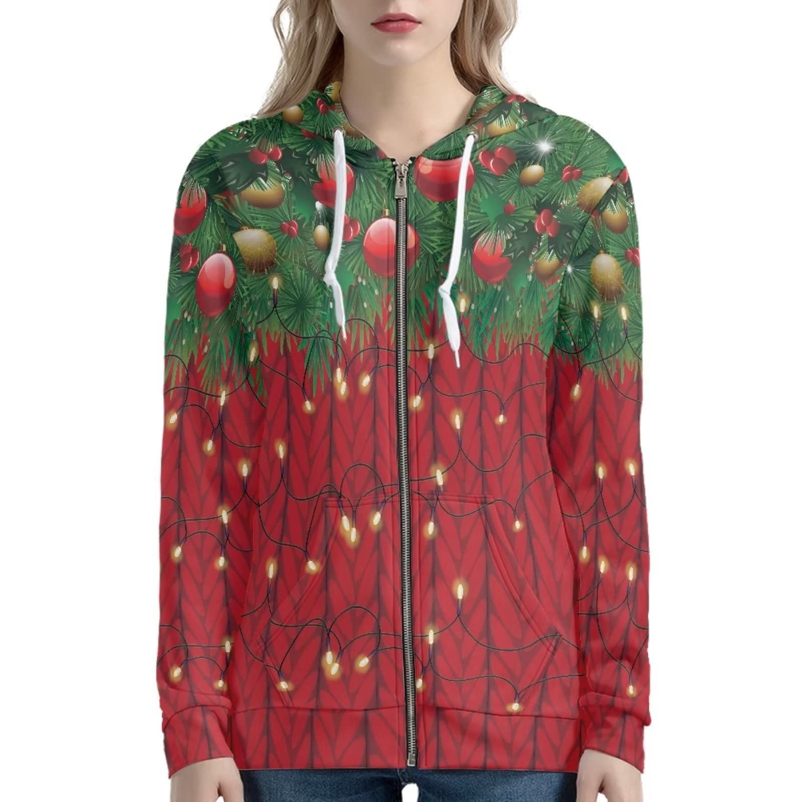 Xoenoiee Świąteczna damska bluza z kapturem zapinana na zamek bluza kurtki z długim rękawem koszula plus size z kapturem wygodna dziewczęca odzież uliczna, Bombki świąteczne i światła, S