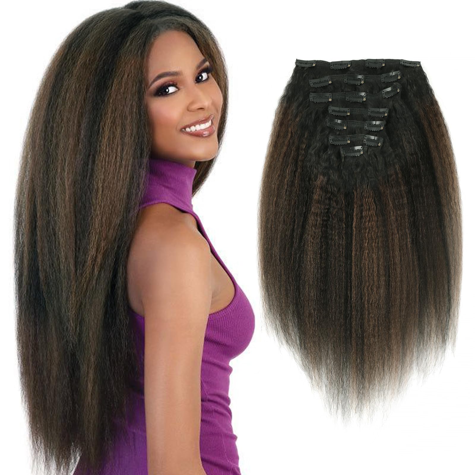 Sixstarhair Estensioni dei capelli umani Kinky Straight Clip Ins Doppia Trama con Radici Nere che si decolorano In Nero Naturale Con Marrone Cioccolato 4# per Donne Nere 120g 50cm 7 Pezzi