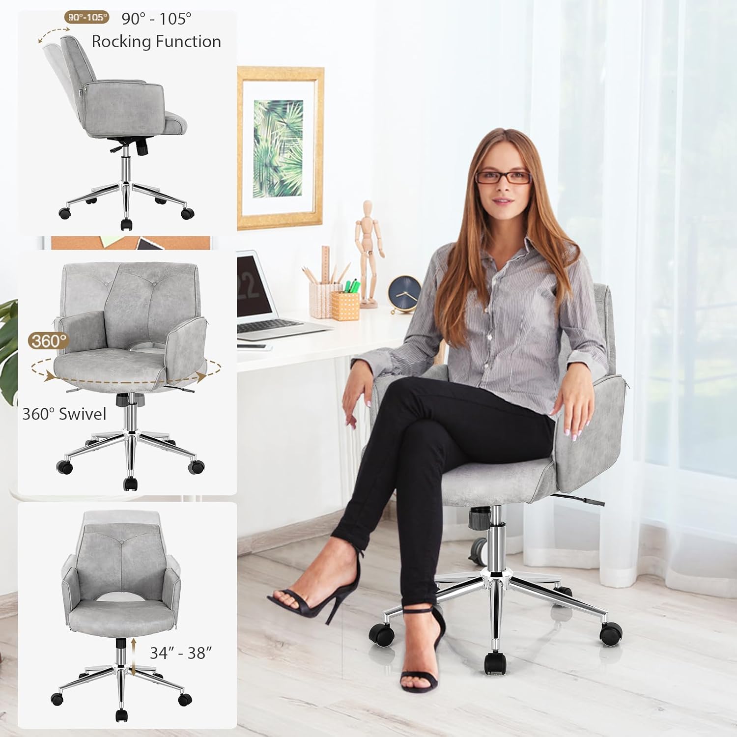 POWERSTONE Home Office Chair, Modern Desk Chair with Armrest Upholstered Mid-Back Chair Adjustable Swivel Accent Chair for Living Room, Bedroom, Office, Vanity Study Grey