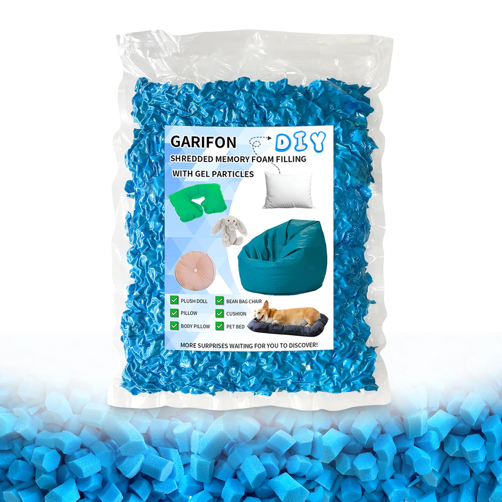 5lbs Bean Bag Filler, Pillow Bean Bag Stuffing Filling, Shredded Memory Foam Filling, Punching Bag Filler, Foam Refill for Pouf/Ottoman Stuffing/Couch/Boxing Bag, Added Gel Particles