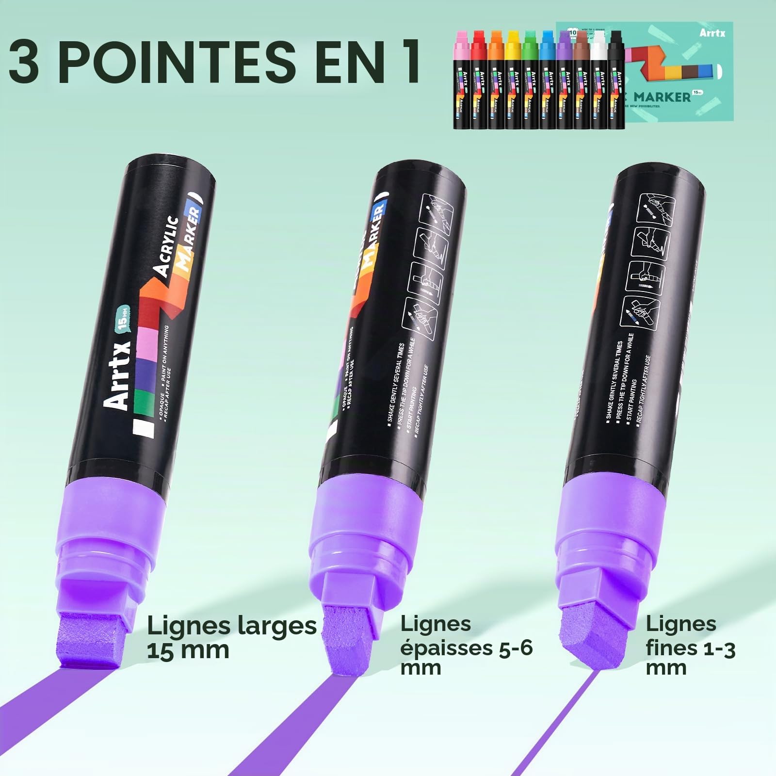 Arrtx Lot de 10 marqueurs de peinture acrylique à pointe feutre de 15 mm, marqueurs permanents pour le tag, panneaux, loisirs créatifs