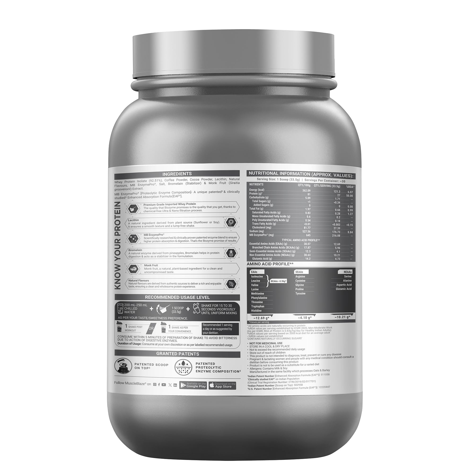 MuscleBlaze Biozyme Iso-Zero Whey Protein Isolate Powder, 1kg (2.2lbs) — Amazon image 7