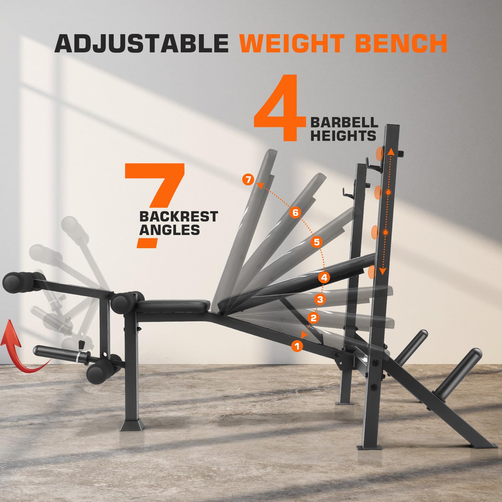 Weight Bench Set, Folding Workout Bench with Squat Rack Leg Extension & Leg Curl, Adjustable Back/Barbell Rack for Bench Press Strength Training, Flat Incline Decline Gym Bench