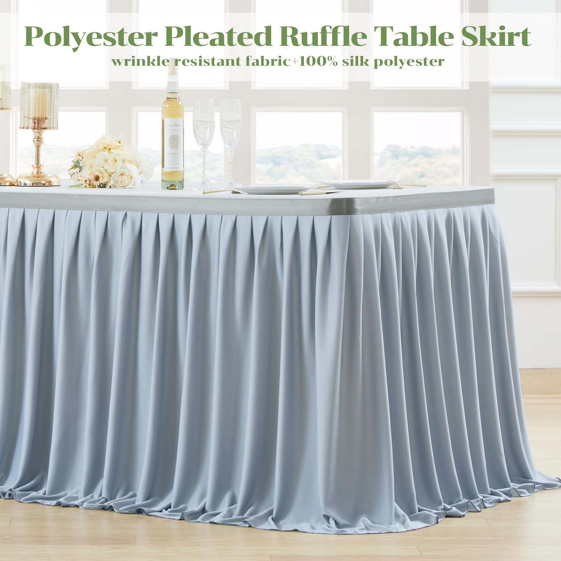 Partisky Faldón de mesa de poliéster gris para mesas rectangulares de 9 pies, resistente a las arrugas, mantel plisado con volantes para banquetes, bodas, comercios, baby shower, mesa de comedor