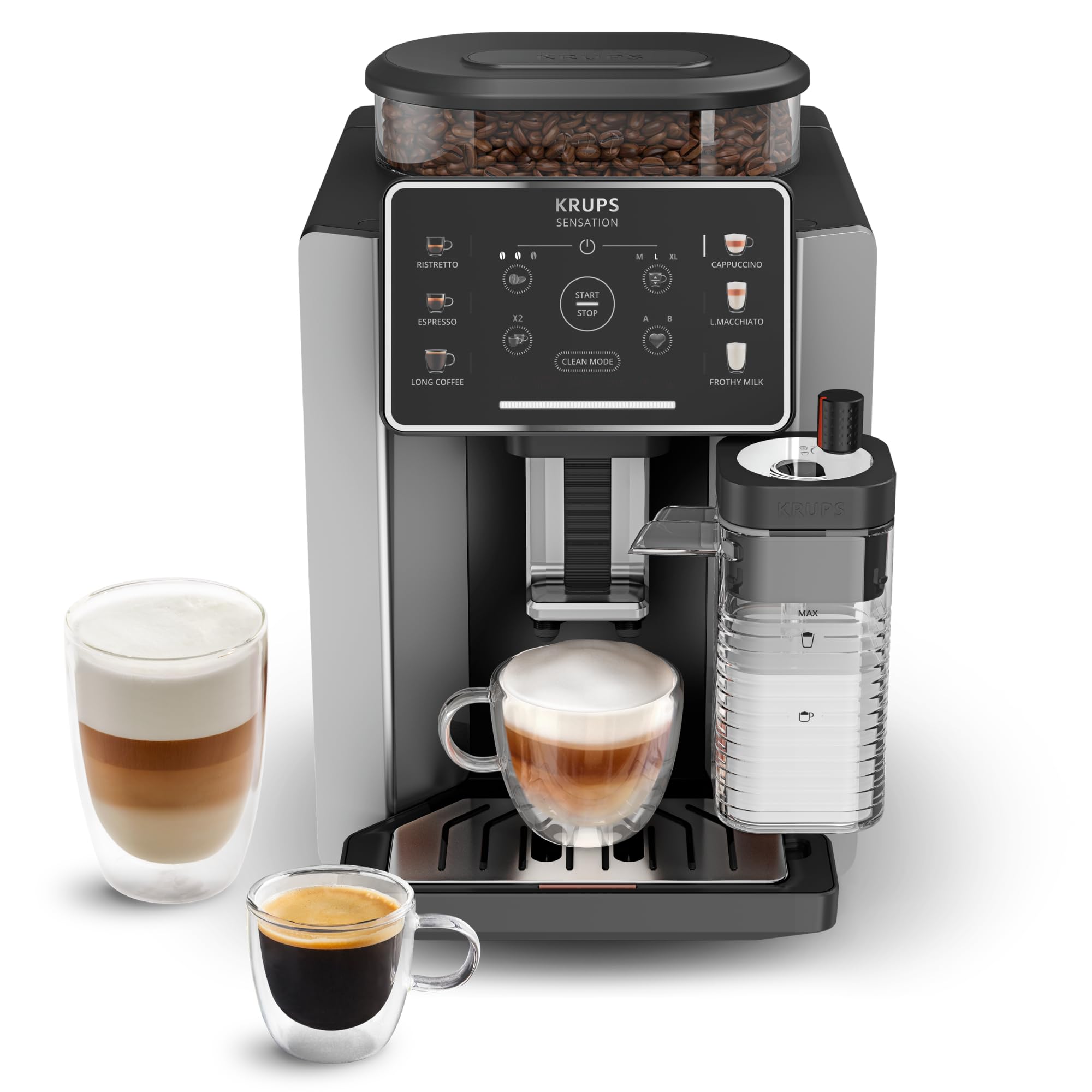Krups Sensation Milk, Cafetera superautomática, 6 Bebidas a Base de Café y Café con Leche, Tecnología Milk Maestro, Jarra de leche integrada, Fácil de Usar, Plateada y negra, EA912E10
