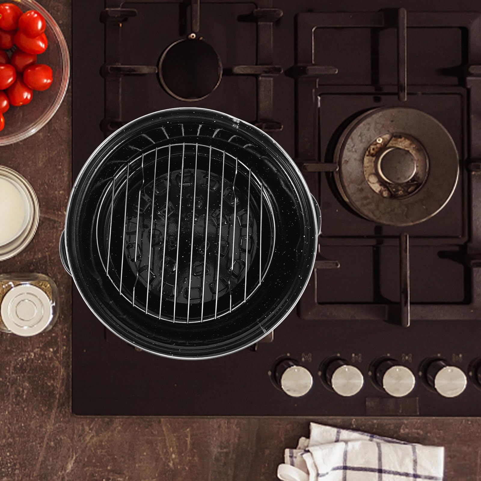 Kartoffeltopf aus Emaille mit Verschleißfestem Boden und Ergonomischen Doppelgriffen Schwarzer Bräter für Backofen und Grill zum Kochen und Braten