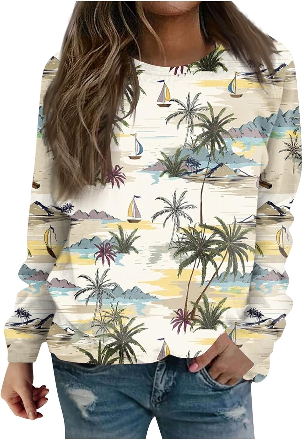 Fall Fashion Floral Long Sleeve Tops for Women Loose Fit Print Pullover Shirt Trendy Casual Crewneck Tees Blouses