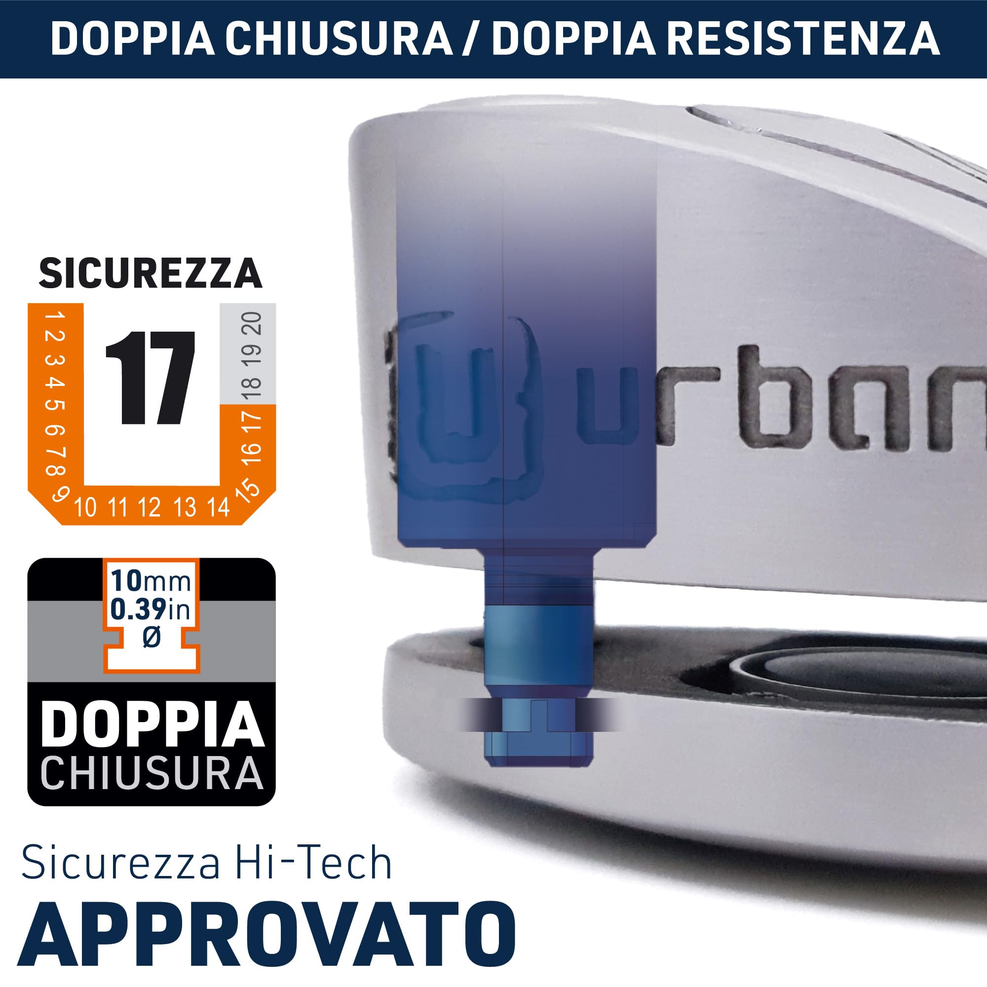 URBAN UR910S Bloccadisco Moto Senza o Con Allarme Omologato SRA et Sold Secure, Doppia Chiusura ø10 Acciaio Indurito di Alta Sicurezza, Cavo Promemoria, Lucchetto Antifurto Blocca Disco Moto, Scooter