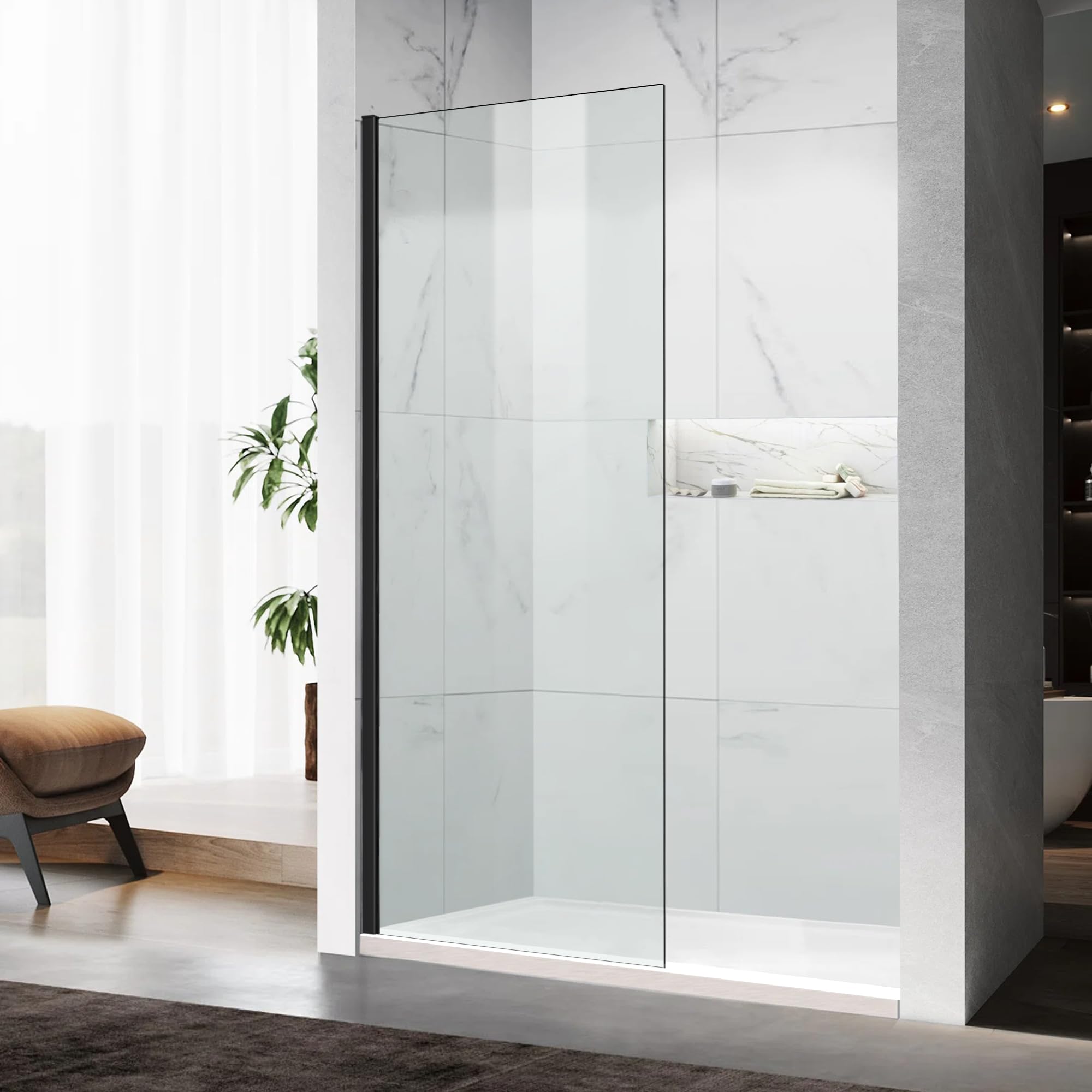 Photo 1 of ***HOLES DRILLED CUSTOM GLASS DOOR CAN BE USE FOR PARTS***Shower Glass Panel 34" W x 74" H, Fixed Shower Screen with 5/16" (8mm) Clear Tempered Glass, Frameless Walk in Shower Door for Bathroom, 4/5" Adjustable Width, Matte Black