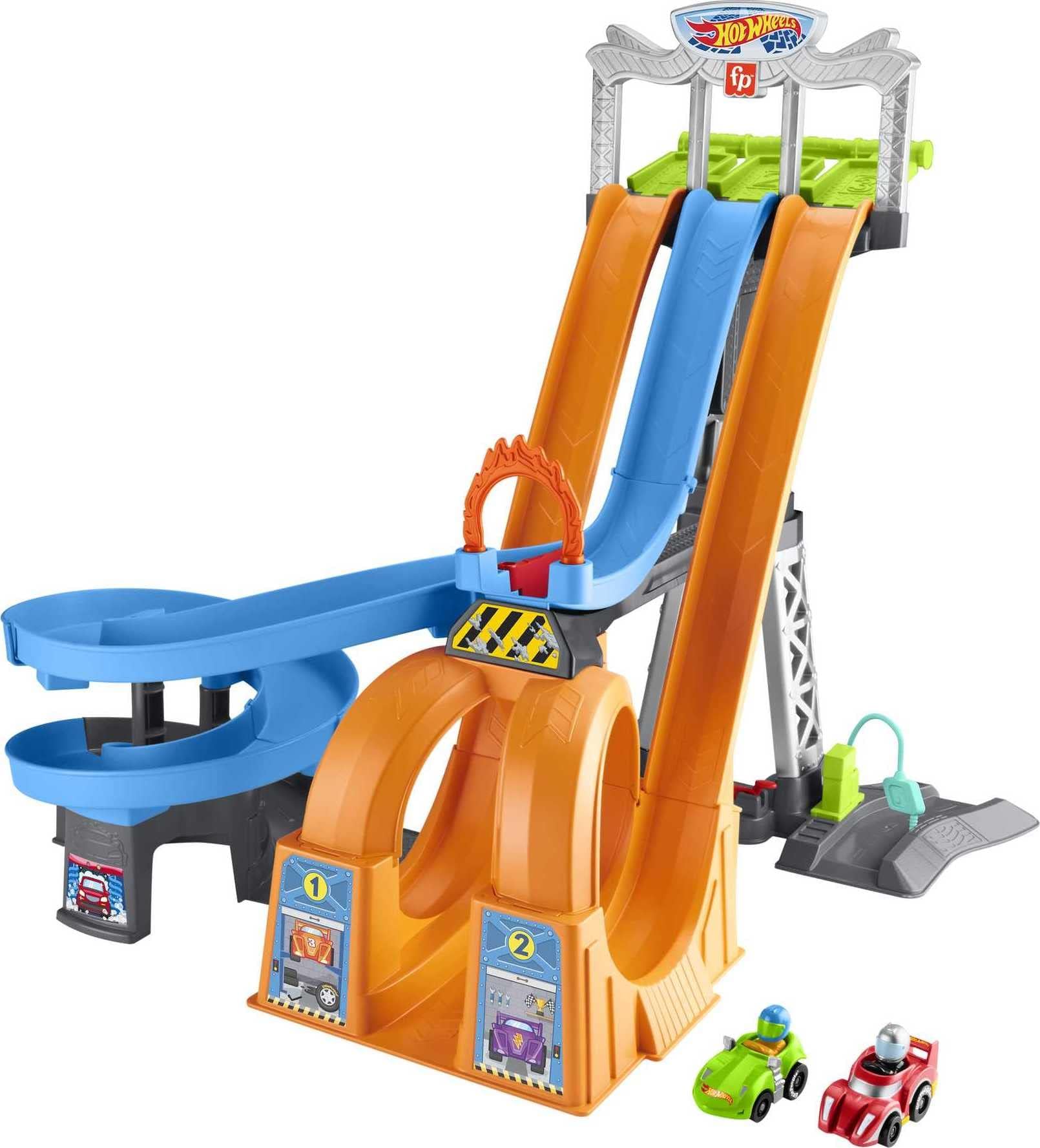 Little People Toddler Playset, Hot Wheels Racing Loops Tower, Spiral Racetrack with Stunt Ramp and Sounds