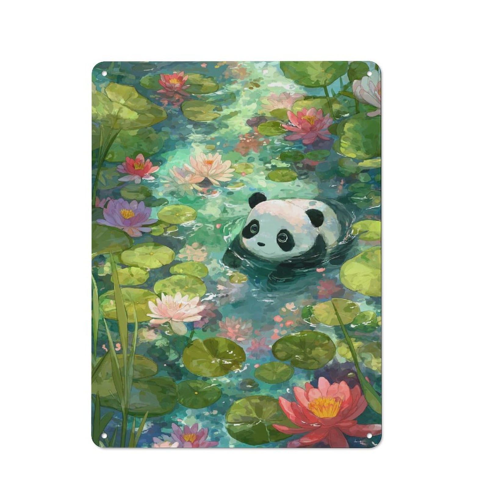Panda in Lily Pond Tin Sign 40x30cm, Rustic Home Bar Decor for Cafe, Pub, Workshop Or Home Bar, for Casual British Interiors