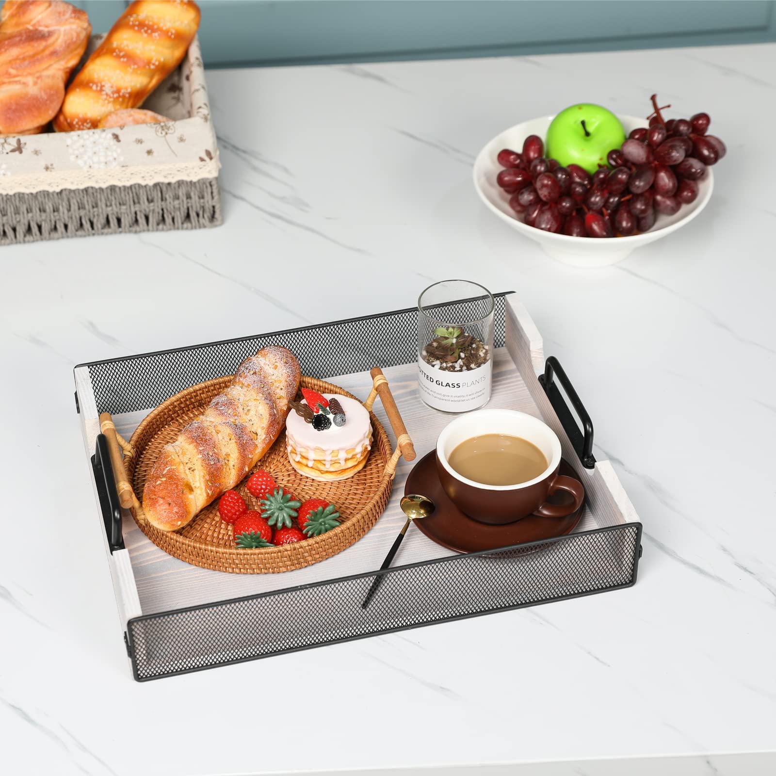 Wood Serving Tray with Metal Handle, 16�x12�Decorative Coffee Table Tray for Living Room,Bathroom, Rustic Ottoman Tray with Iron Mesh Side