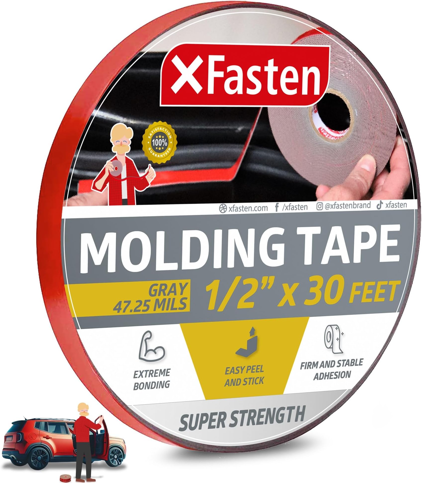 Super Strength Automotive Molding Tape, Gray, 1/2-Inch x 30-Foot, Double Sided Exterior Mounting Tape for Auto Body Molding, Trim, Side Mirror, Emblem, Nameplate and Outdoor Applications