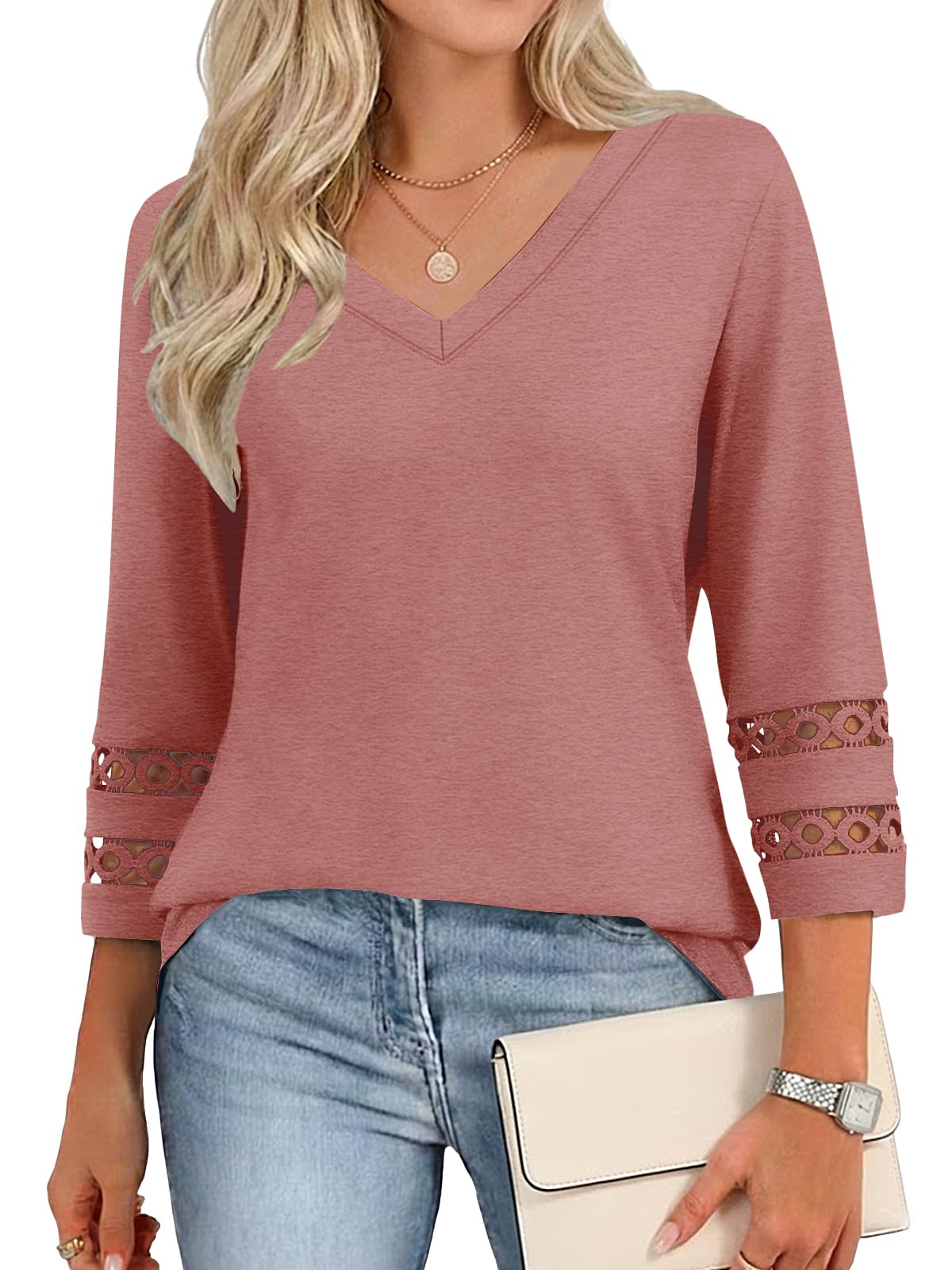 Cuptacc Bluse Damen V Ausschnitt Shirt Damen 3/4 Arm Elegant Oberteile Sommer Tunika Casual Basic Top