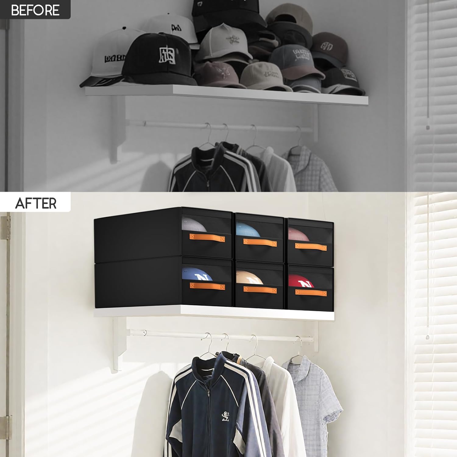 Homsorout Hat Organizer for Baseball Caps - 3 Pack Pull-Out Drawer Hat Storage Organizer Box with Clear Window, Stackable Closet Cap Holder, Baseball Cap Organizer for Closet, Bedroom, Home, Black