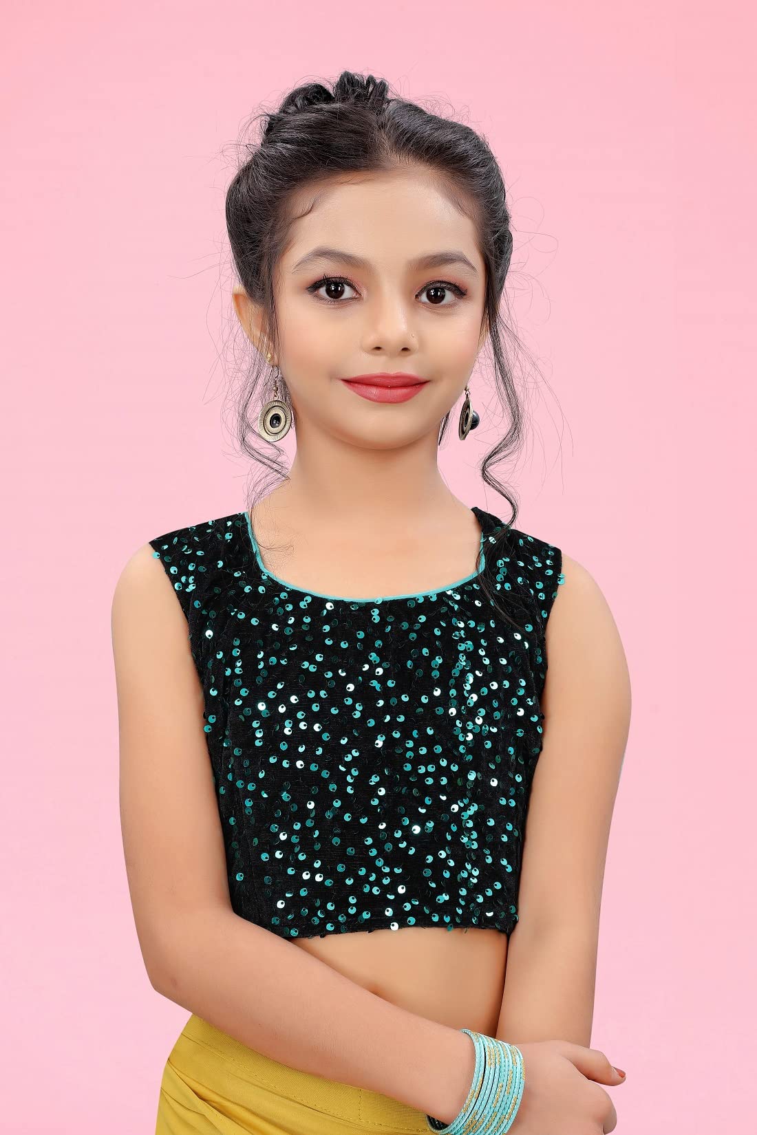 Dhyey fashion Girl's Lycra Blend Ruffle Saree and Velvet Unstitched Blouse Piece | Readymade Saree For Girls | Girl Ruffle Yellow Saree 6-7 Years M - Image 6 thumbnail