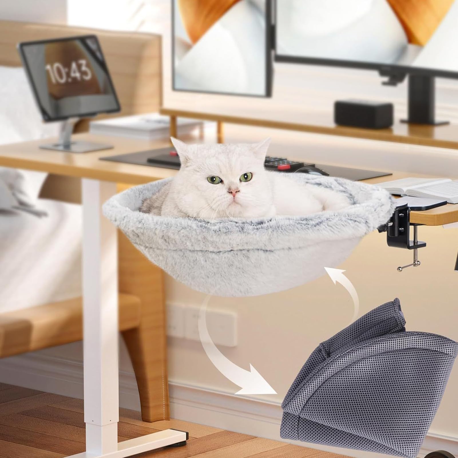 Cama de escritorio para gatos, cómoda hamaca para gatos, soporta hasta 23 kg, cama lavable para gatos, para interiores, espacio de trabajo, balcón, ventana, salón