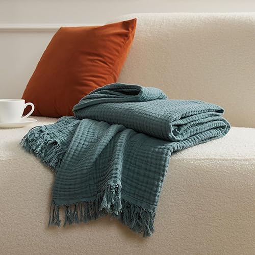 Miniatura 3 de ENJOYBRIDAL Funda universal suave color azul cian, funda para sofá modular de granja bohemia con borlas, manta de futón de algodón lavado de 4