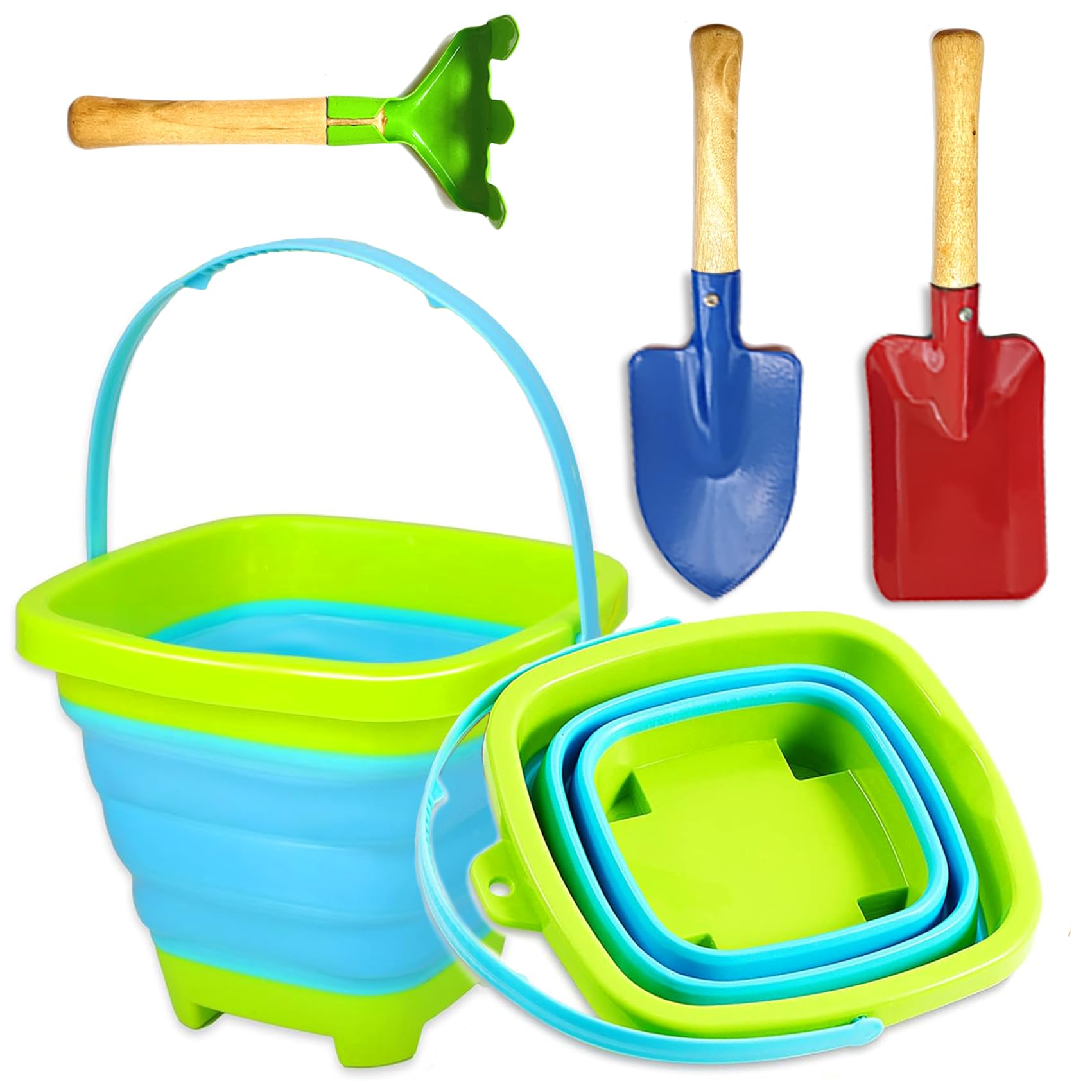 KY-Tech Kids Gardening Tool Set, Collapsible Bucket and Metal Shovel, Fork, Spade for Kids