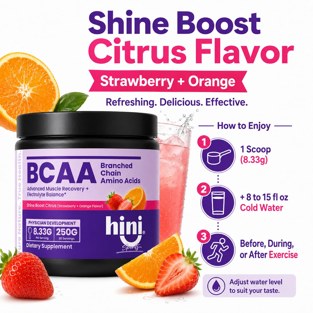 HINI BCAA Powder, 2:1:1 Branched Chain Amino Acids with Electrolytes, 6000mg BCAA Blend, L-Leucine, L-Isoleucine & L-Valine, Strawberry Orange Flavor, 250g, 30 Servings — Amazon image 5
