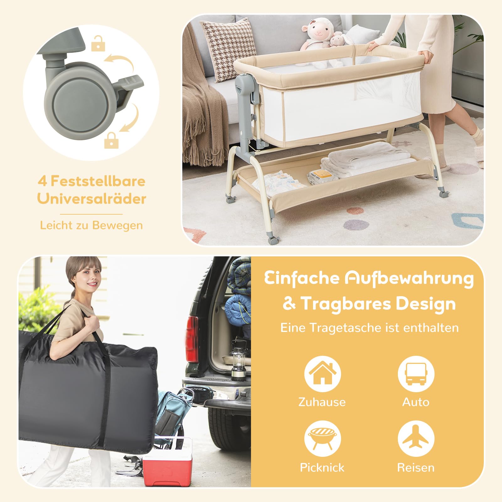 DREAMADE 3 in 1 Baby Beistellbett, 90 × 55cm Reisebett mit Matratze, Moskitonetz & 4 Rädern, 6-stufig-höhenverstellbar Stubenwagen mit Neigung, Babywiege für Säuglinge 0-6 Monate (Beige)