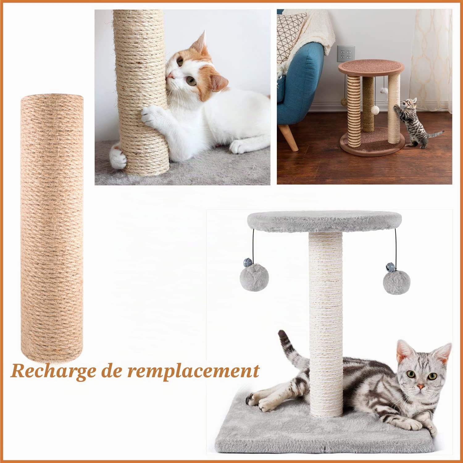 Arbre à Chat de Rechange, Griffoir Chat Poteau Arbre à Chat en Sisal Poteau à griffer de Rechange pour Arbre à Chat, Facilement Assemblé pour Chat à Griffer Poteau Sisal (30cm x 2)