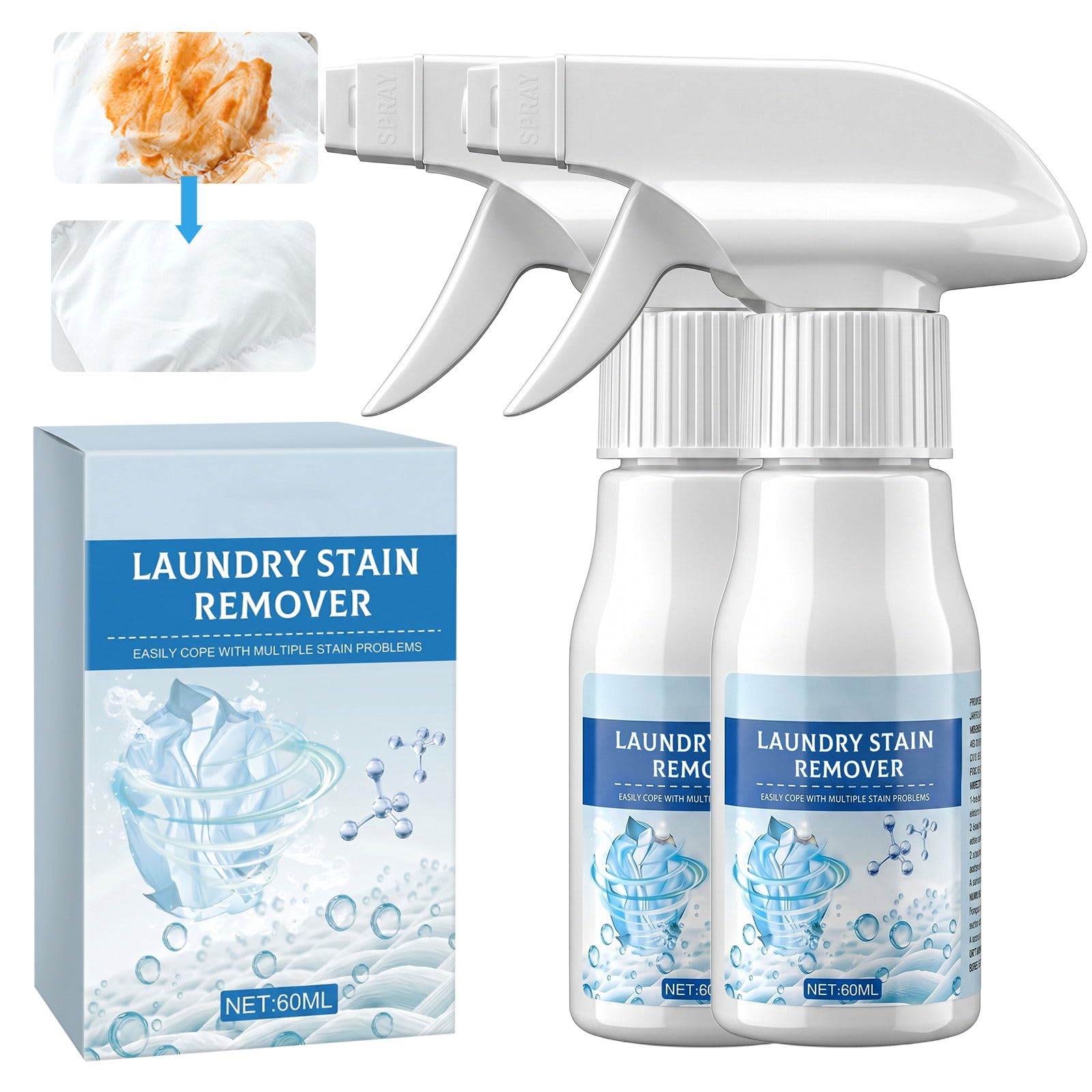 Fly Cleanse spray do usuwania plam w sprayu, 2 x 60 ml, niejonowy środek do usuwania plam do ubrań i tekstyliów, usuwa plamy z oleju, tłuszczu i żywności