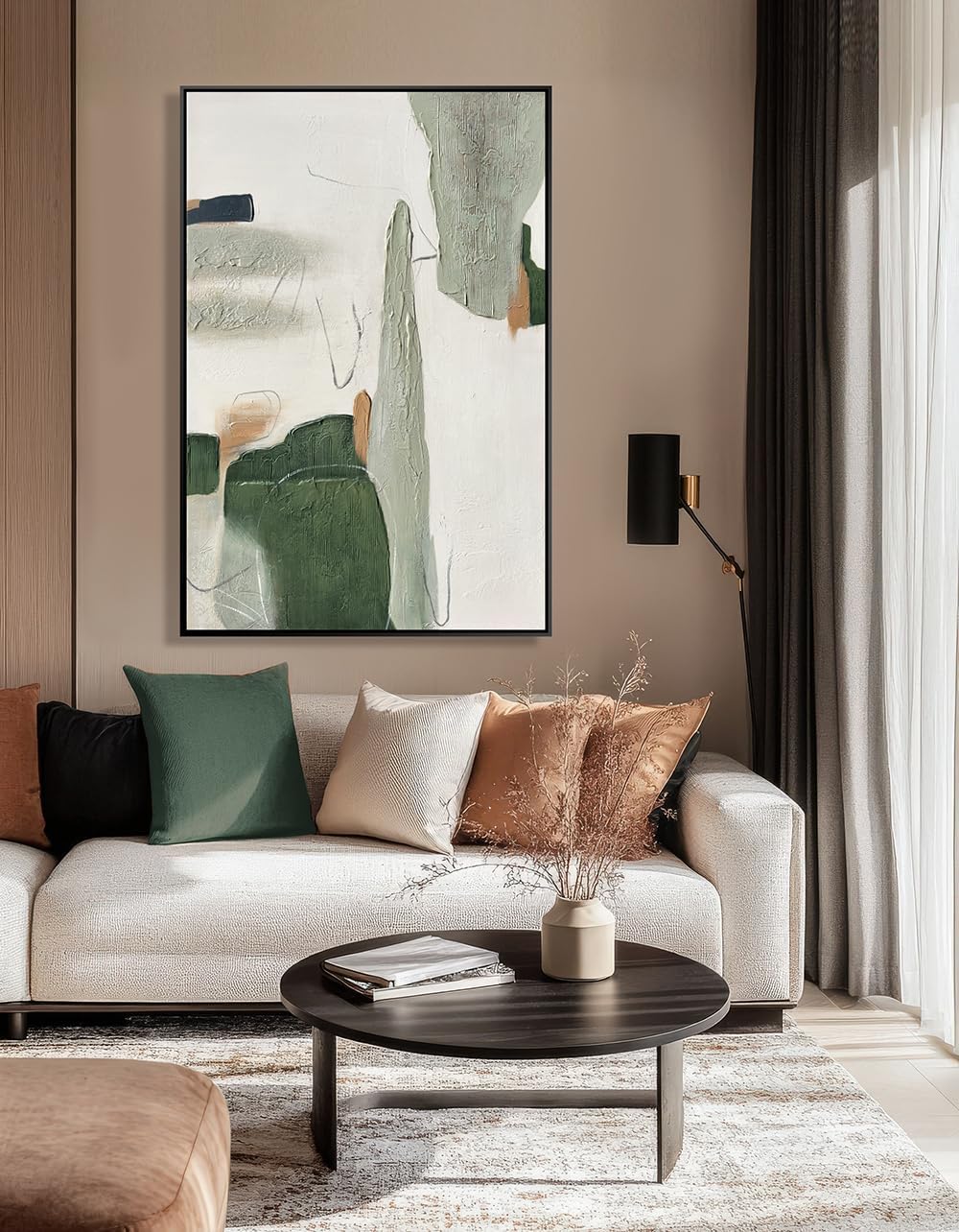 AntExpanse 100% Hand-Painted 3D Abstract Wall Art with Wooden Frame, 24 x 36 Inches Modern Textured Canvas Painting for Living Room, Bedroom, Office Wall Décor, Elegant Green and Minimalist Artwork