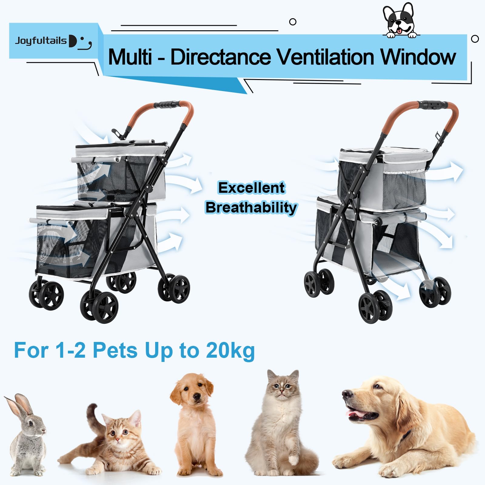 Hundebuggy Faltbar, Hundewagen Haustier Kinderwagen Hundebox Klappbar, Haustiere Buggy Geeignet für kleine Hunde und Katzen unter 20 kg (Grau)