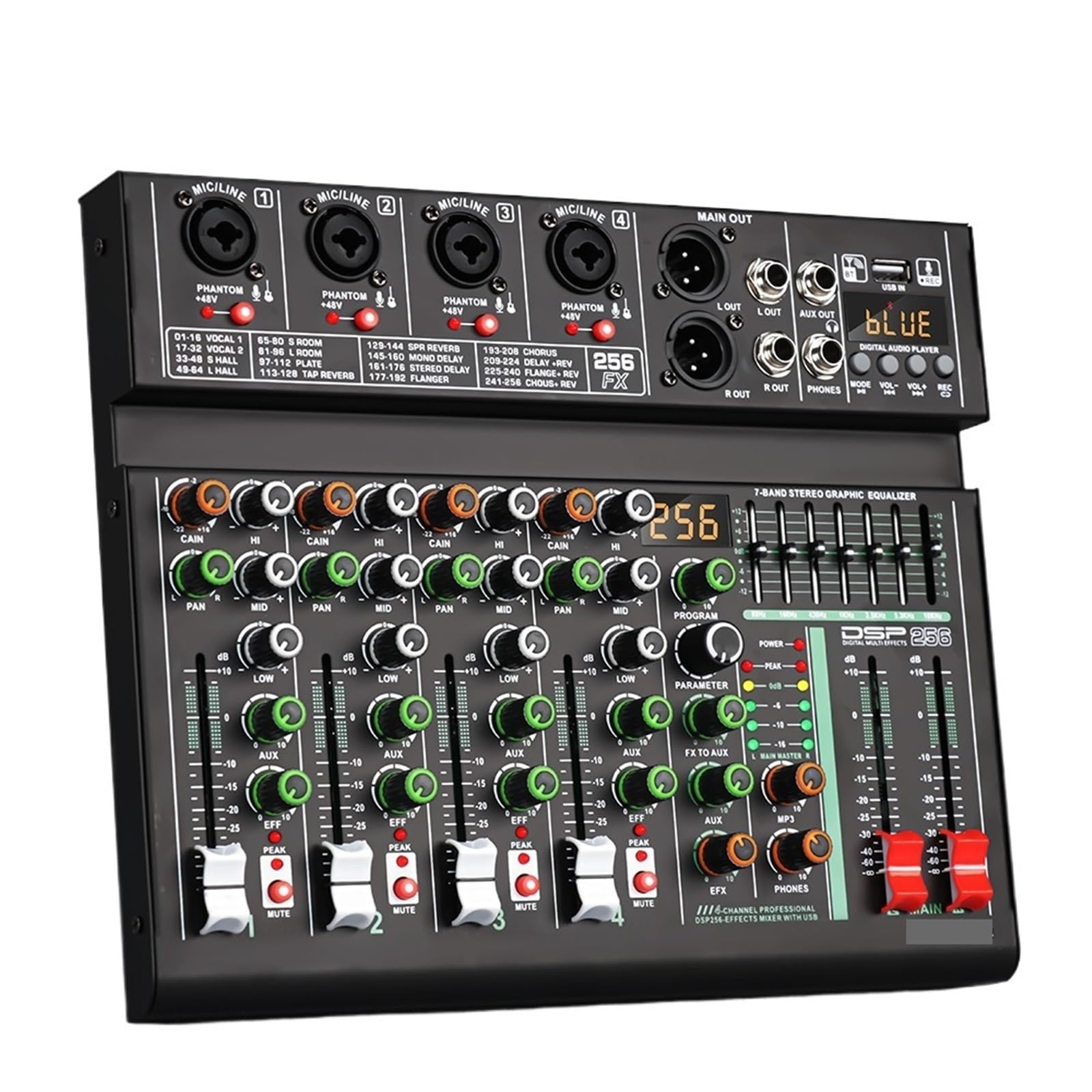 4 Channel 256 DSP Effect Mixer Record PC 48V Phantom Power USB Sound Mixers Bluetooth DJ Console Mixing