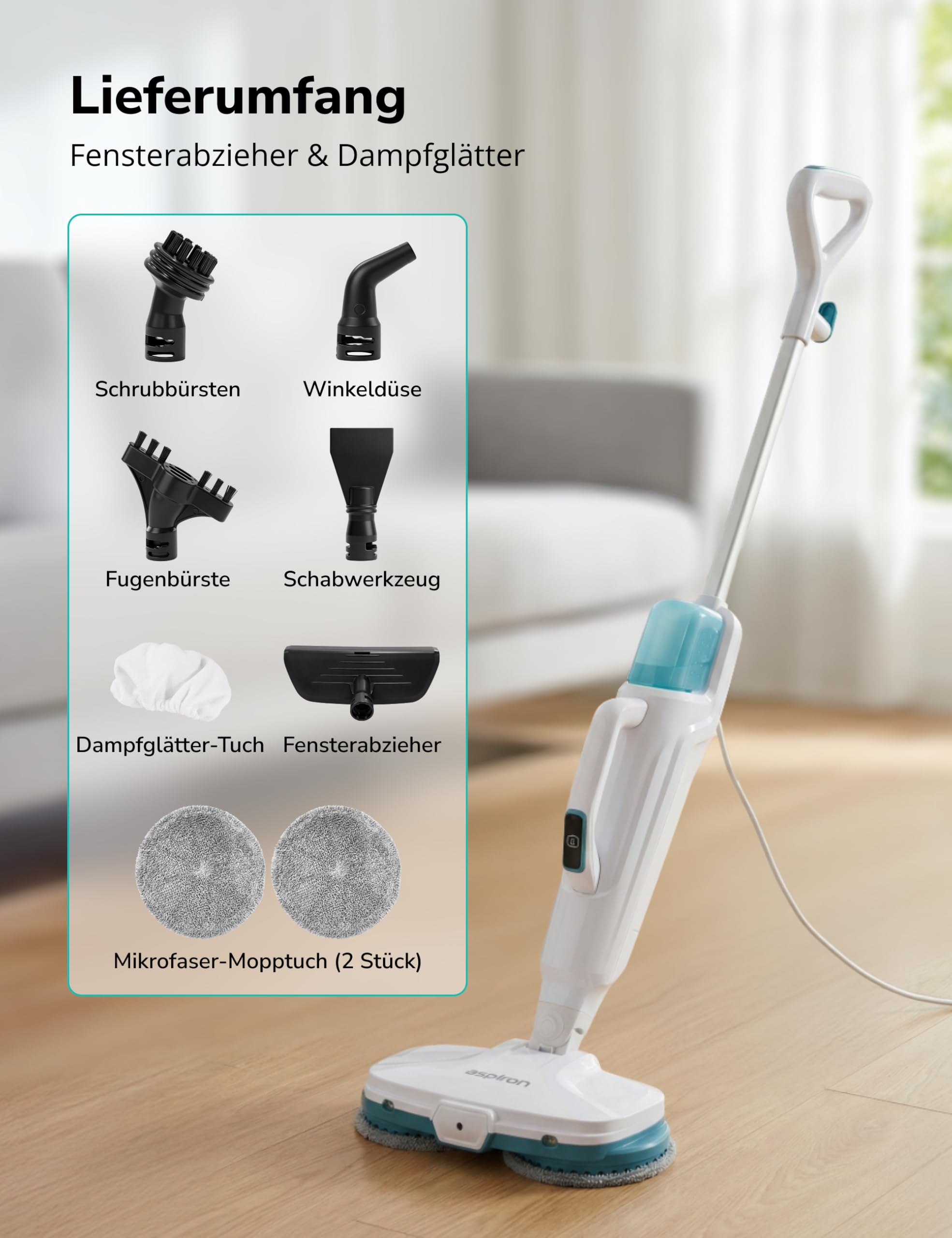 Dampfreiniger 10-in-1 mit Handgerät, 15s Schnellaufheizung, 2 Dampfstufen & Sprayfunktion, 500 ml Tank, Steam Mop für Fliesen, Laminat, Parkett, Teppich, Küche, Bad, Auto