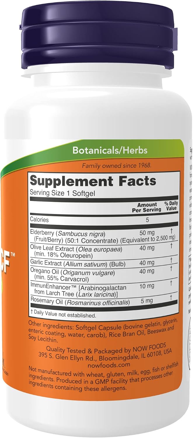 NOW Supplements, AlliBiotic CF™, with Garlic Extract, Olive Leaf Extract, Elderberry & Oregano, Non-Drowsy Formula, 60 Softgels
