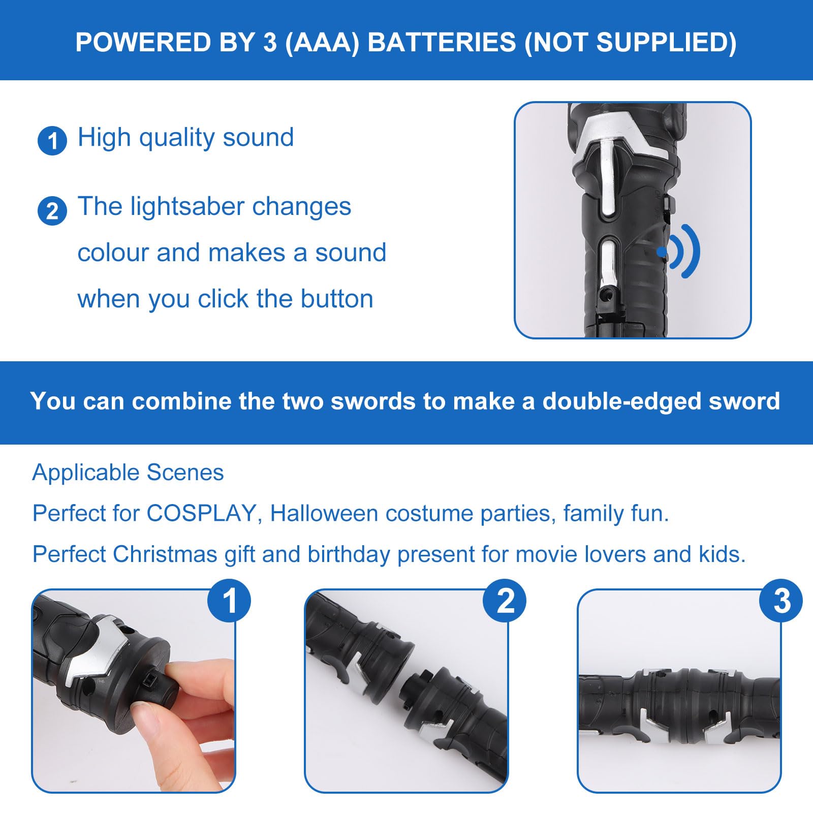 Sabre Laser Enfant 2 Pièces Lightsaber 2 en 1 Sabre Laser Lumineux LED 7 Couleurs Sabre Laser à Effets Sonores Epées Laser Télescopiques pour Adulte Enfant Halloween Cosplay Party