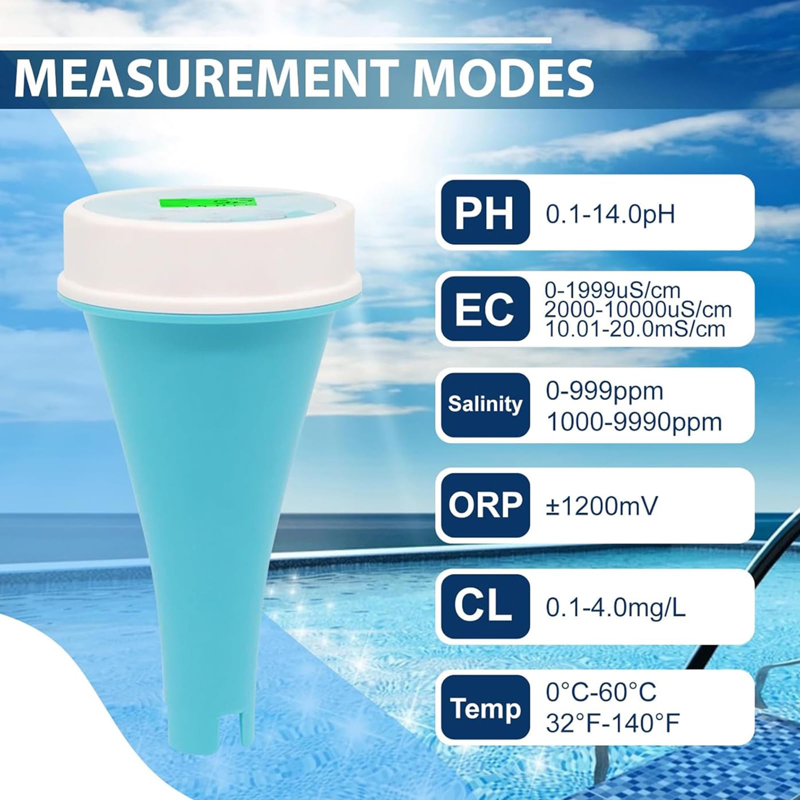 Analizador De Calidad del Agua 6 En 1, Monitor Flotante De Calidad del Agua con Bluetooth, Mide El PH, La Conductividad Eléctrica (EC), El Potencial De Oxidación-reducción (ORP), El Cloro