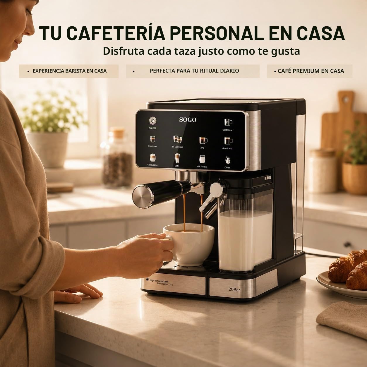 SOGO Cafetera Espresso 4 en 1 con Espumador de Leche y Panel Táctil – 20 Bar, Compatible Nespresso® y Café Molido, Depósito 1.5 L, 1350 W, Negro