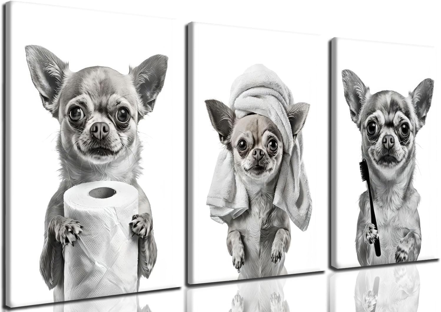 3 Pcs Funny Chihuahua Bathroom Canvas Wall Art Black and White Dog Poster Prints Cute Pet Wall Decor for Bathroom Laundry Room Kids Room 12x16 Inch Ready to Hang