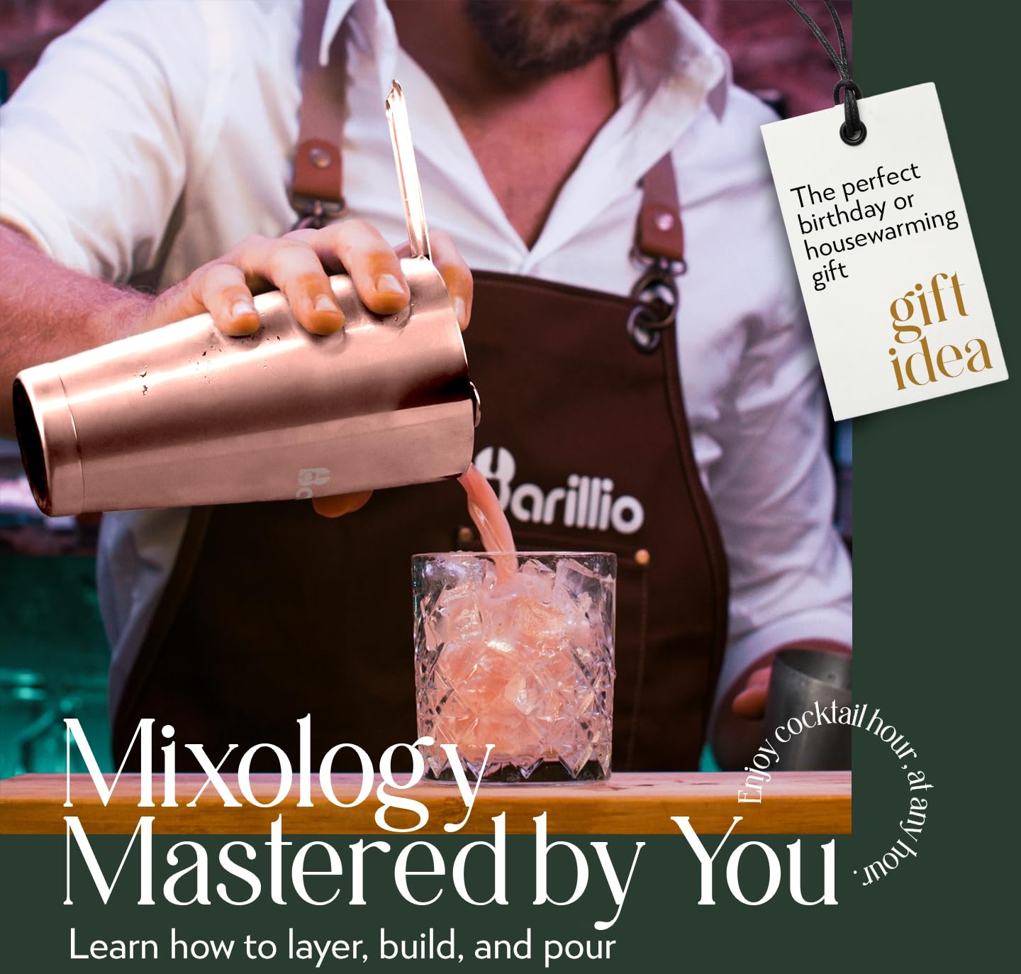 BARILLIO - Juego de coctelera de Cobre Rosa, Kit de coctelera de Barman de Acero Inoxidable de 24 onzas, Mezclador, Cuchara mezcladora, medidor, 2 vertedores de Licor, folleto de Recetas de Bolsa de