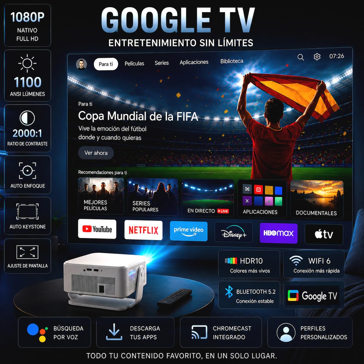 Proyector 4K | Google TV Certificado | 1080P Nativo Full HD | 1100 ANSI Lúmenes | Auto Focus & Keystone | HDR10 | WiFi 6 | Bluetooth 5.2 | Compatible Chromecast & Fire Stick | Cine y Gaming