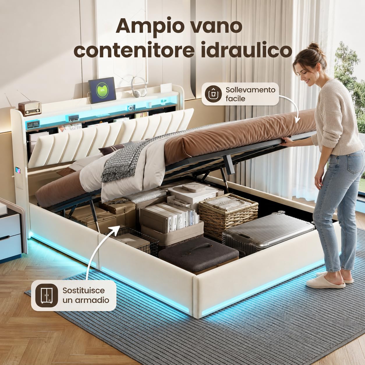 Letto imbottito 140x200 cm con Contenitore idraulico, Letto matrimoniale a LED con stazione di ricarica, Testiera in velluto, Struttura letto con rete a doghe (beige, 140x200 cm)
