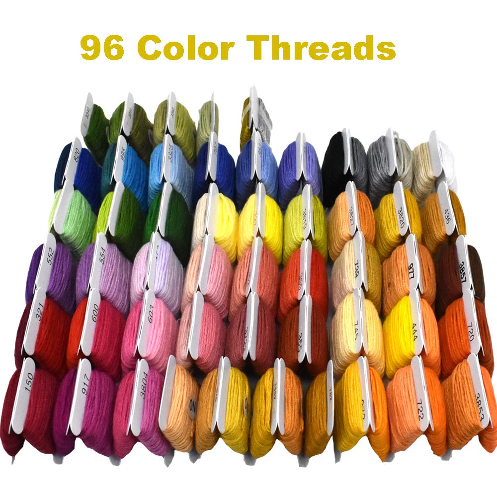 Kit de hilo de bordado, 100 % algodón, bobinas de hilo y kit de punto de cruz, pulseras, hilo dental para manualidades (96 colores)