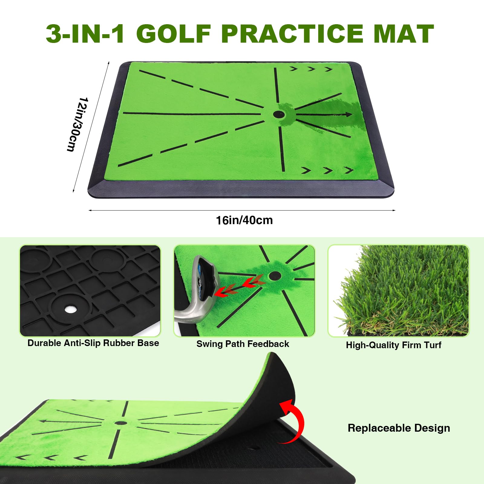 Tappetino da golf 3 in 1 con 3 superfici intercambiabili – Feedback immediato sulla traiettoria dello swing – Base in gomma antiscivolo – Per interni ed esterni