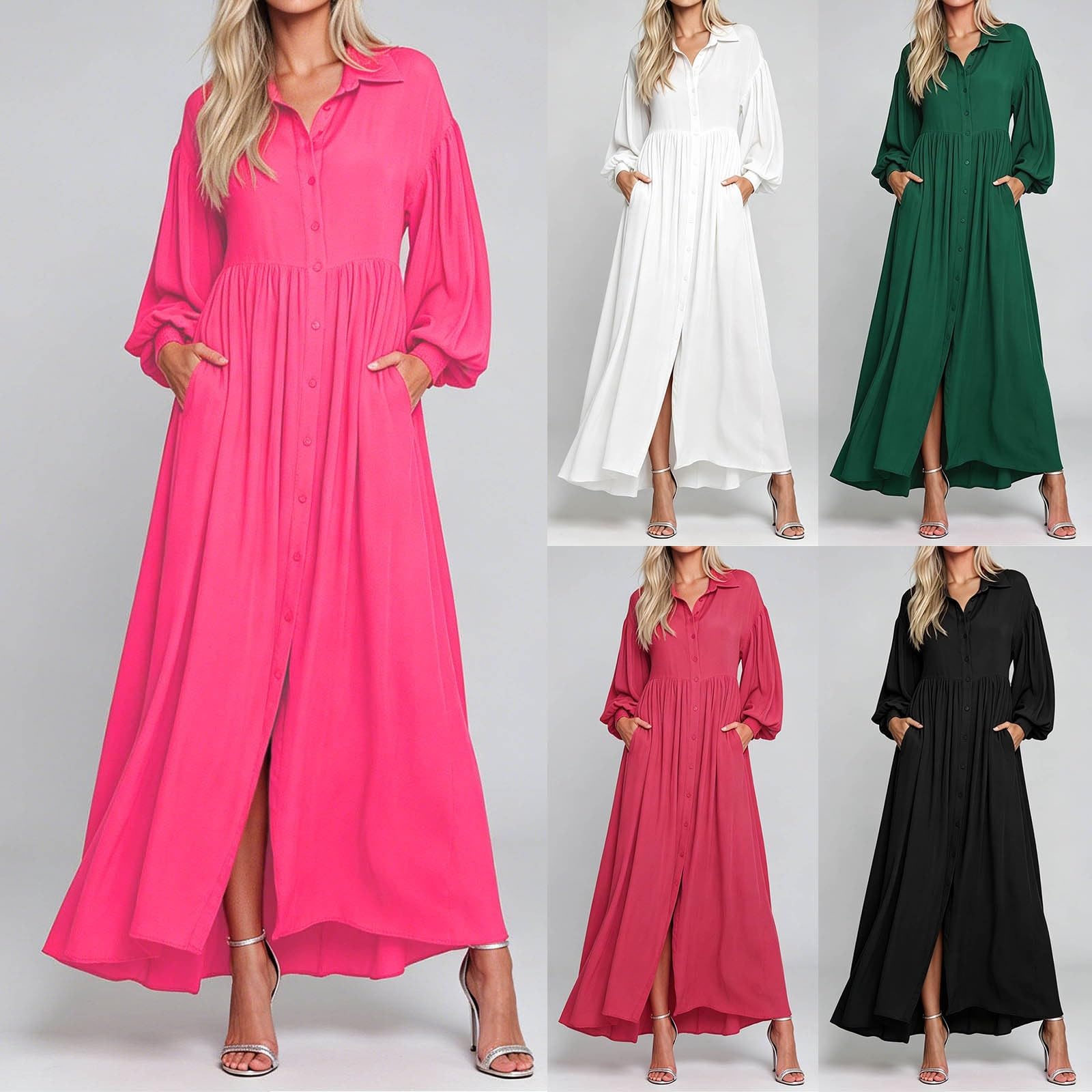 Vestido de verano para mujer, corte holgado, vestido de manga larga, cuello vuelto, vestido maxi, mangas de farol, vestido de noche, vestido de cóctel, vestido de cóctel para mujer, vestido envolvente