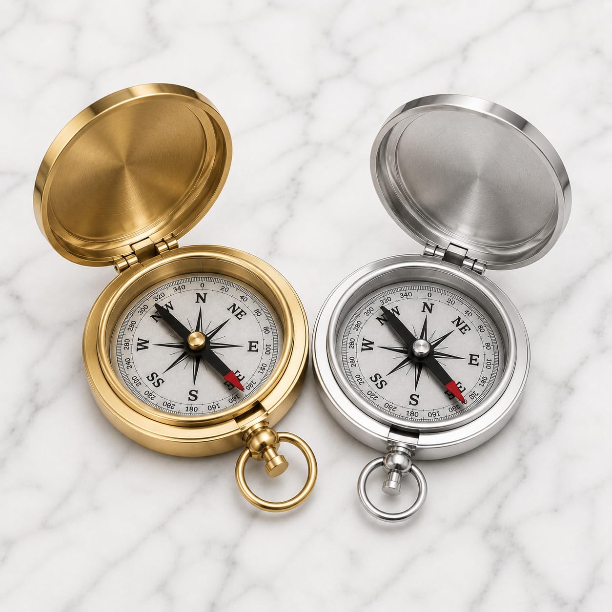 Vintage Pocket Compass Set of 2 Gold and Silver Nautical Navigation Instruments Maritime Explorer Collectible Decorative Travel Gift 2 Inch-picture-49