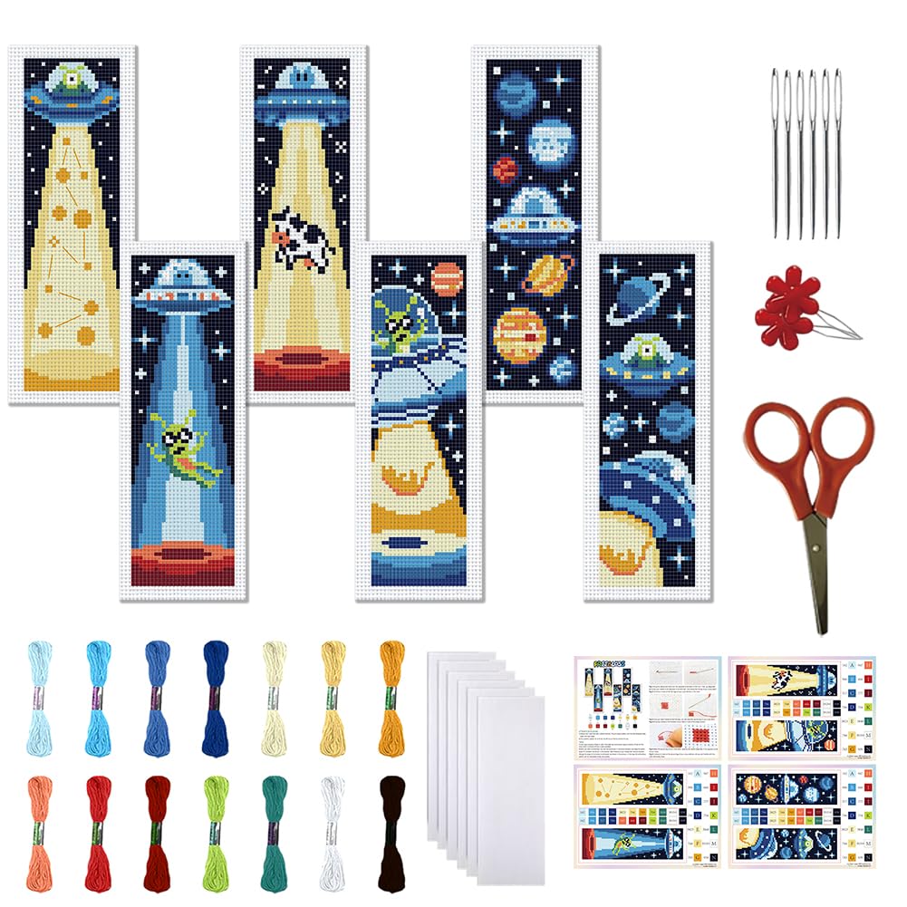FREEBLOSS 6 Set Cross Stitch Bookmark Kit 11CT DIY Cross Stitch Kits Universe Stamped Embroidery Kit with Instructions Bookmark Making Set for Adult Beginners 8x2.4inch