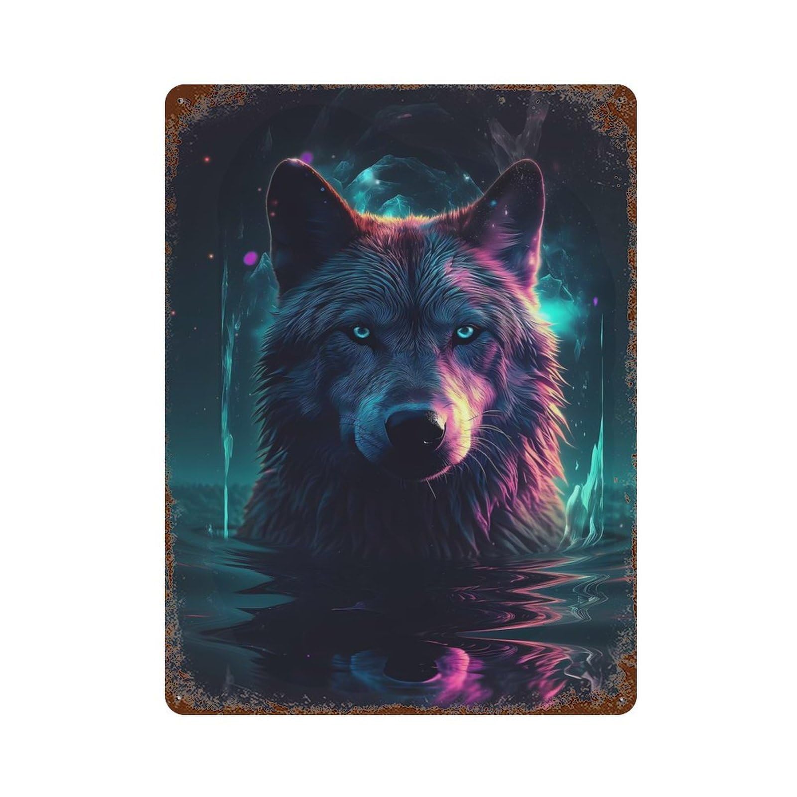 Wolf Water Neon Artwork 15.7"x11.8" Rusty Metal Tin Sign, Farmhouse Wall Decor for Office, Studio And Wall Decor