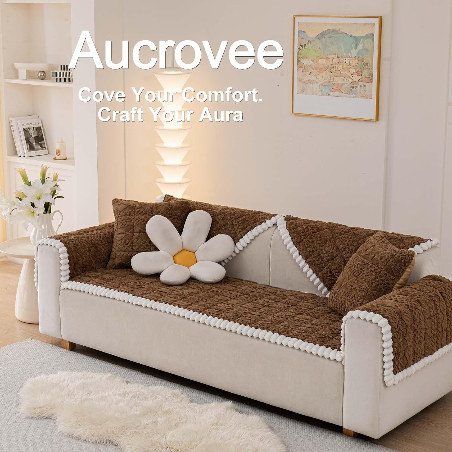 Soft Plush Couch Cover for Dogs Washable, Fluffy Sofa Covers for Pets Washable 3 Cushion Couch Sofa Slipcover, Furniture Protector (1 PCS 27.5"x70" Khaki)