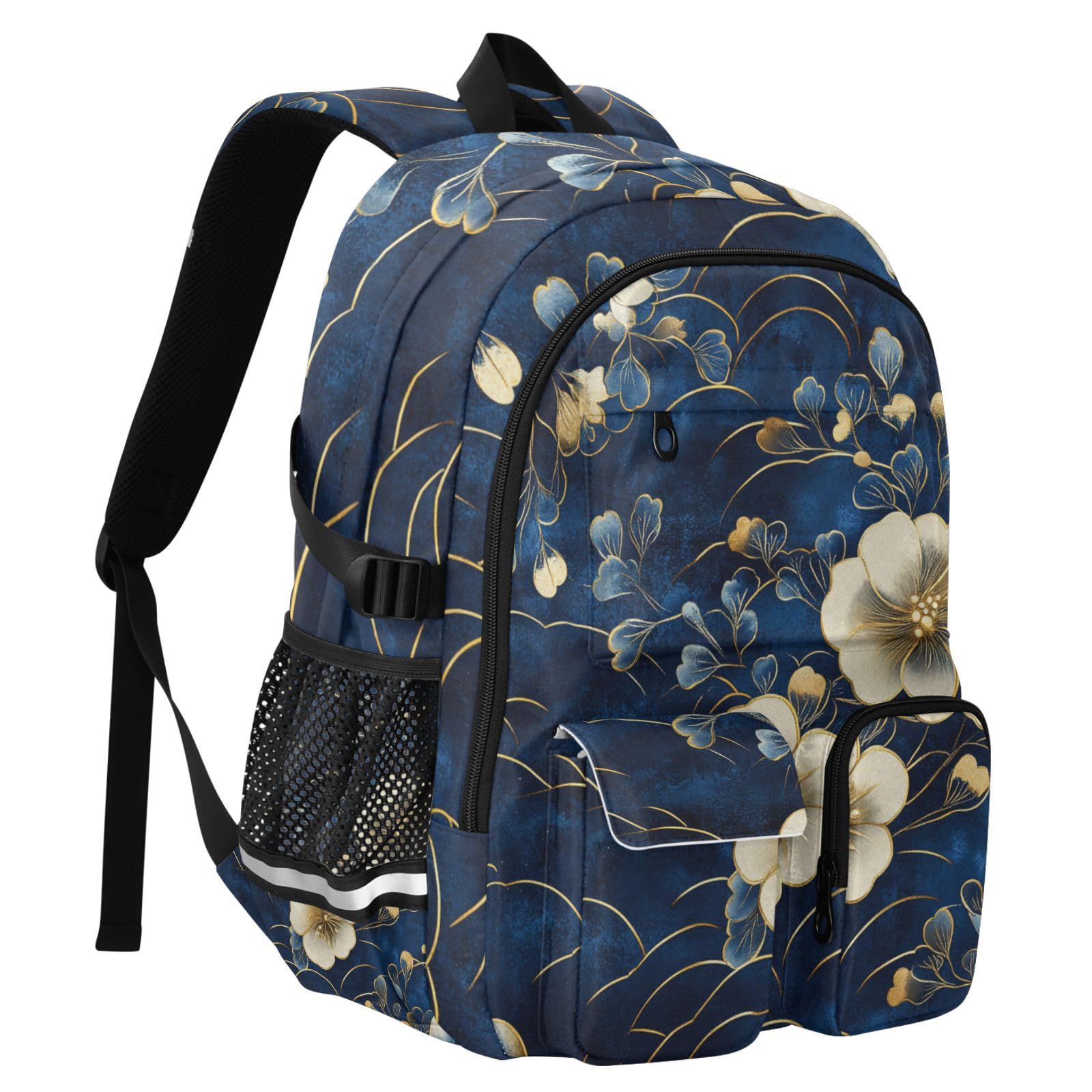 Mochilas de viaje para mujer, color azul y dorado, retro, románticas, flores, bolsa de trabajo universitaria, mochila de trabajo de 17.5 pulgadas, mochila de negocios