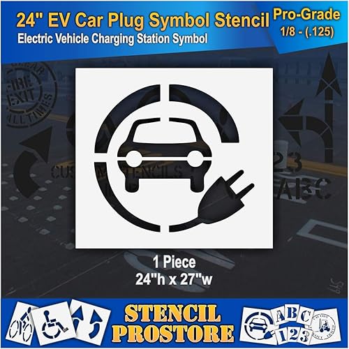 Plantillas de pavimento  24 pulgadas  Símbolo de vehículo eléctrico circundado por enchufe  26 pulgadas x 28 pulgadas